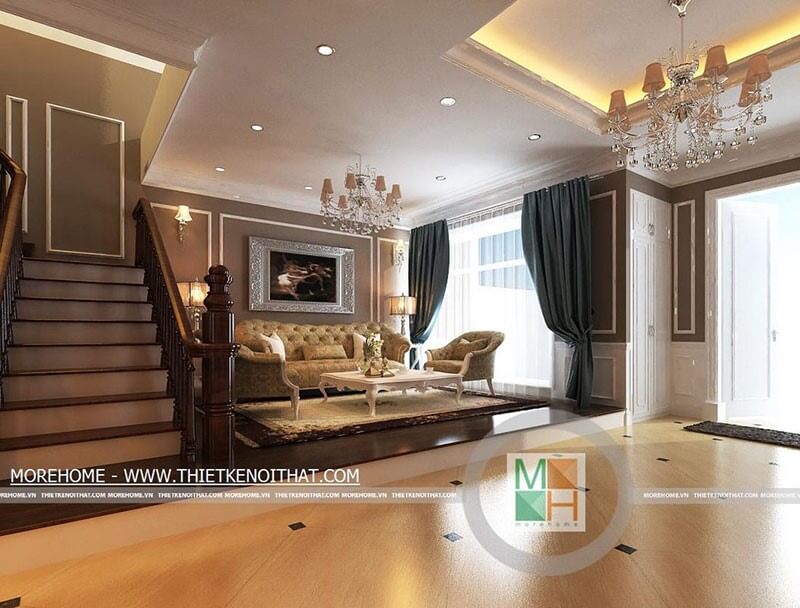 Thiết kế nội thất phòng khách với những chi tiết từ tranh ảnh, đèn tạo nét tân cổ điển ấn tượng, sang trọng hơn cho căn phòng Tư vấn chọn lựa mẫu trang trí phòng khách sang trọng và ấn tượng