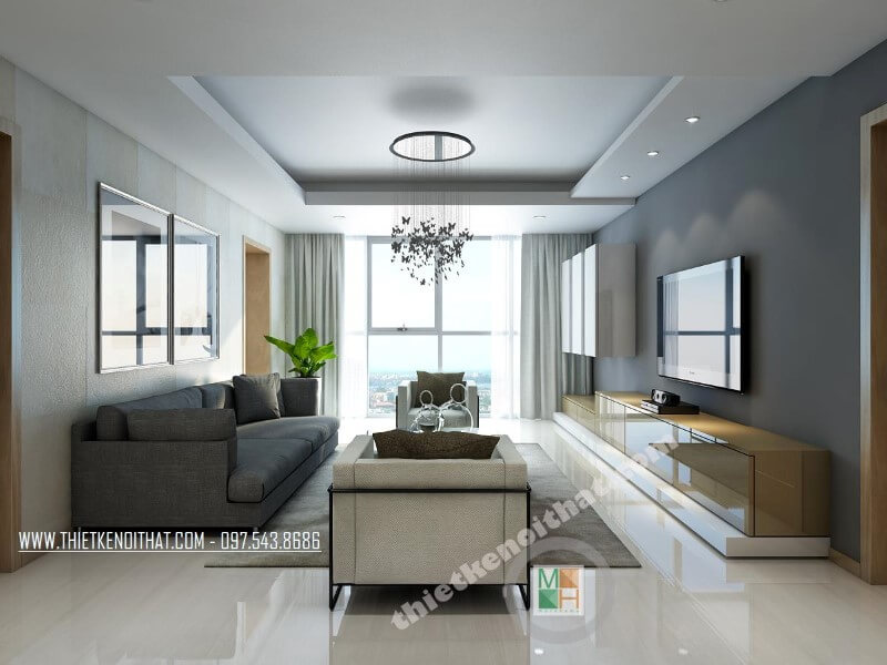 Mẫu thiết kế phòng khách chung cư hiện đại với bộ sofa bọc vải xám và trắng ấn tượng, kết hợp cách đồ nội thất nhỏ gọn mang đến không gian thoáng đãng. Xem ngay các mẫu trang trí phòng khách sang trọng và ấn tượng nhất