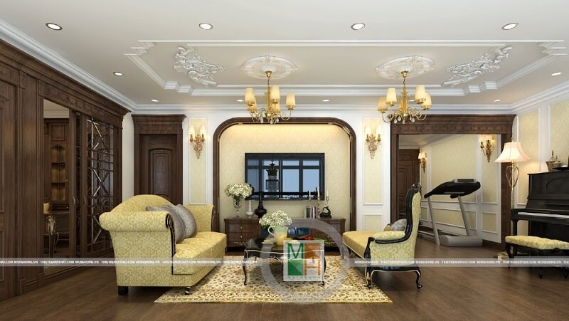 Mẫu thiết kế phòng khách chung cư đẹp với bộ sofa tân cổ điển màu vàng ánh kim ấn tượng cuốn hút mọi ánh nhìn Xem ngay các mẫu trang trí phòng khách sang trọng và ấn tượng nhất