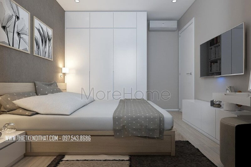 Thiết kế nội thất phòng ngủ chung cư đầy ấn tượng với chất liệu gỗ công nghiệp sang trọng và tinh tế. Thiết kế chung cư