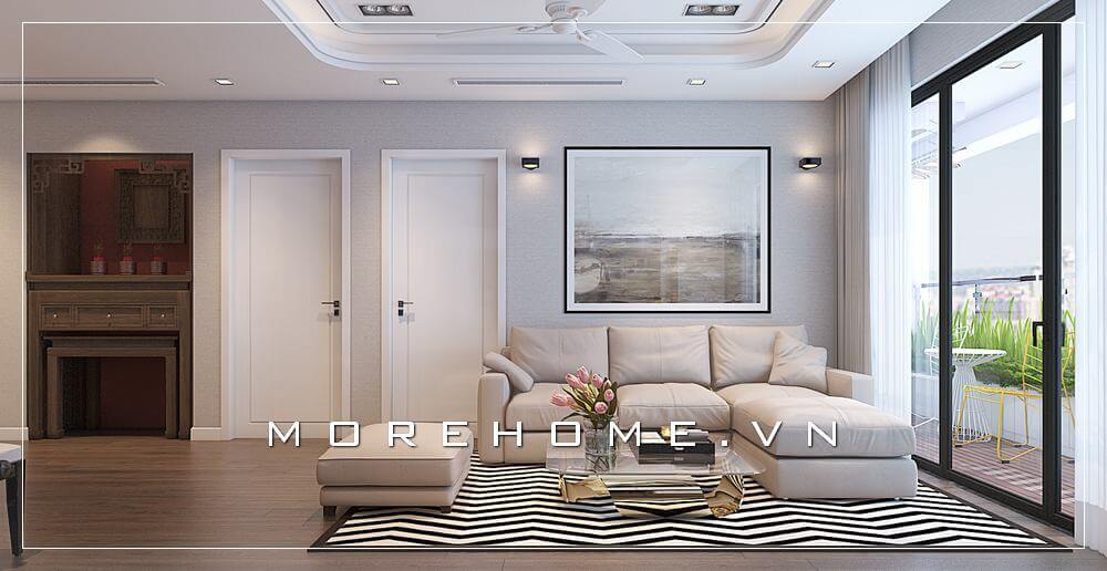 Mẫu thiết kế nội thất chung cư đẹp tận dụng ánh sáng thiên nhiên chiếu vào qua cánh cửa hướng ban công lớn, kết hợp tông màu nội thất tươi sáng tạo cảm giác rộng rãi thoáng mát cho căn nhà Thiết kế chung cư