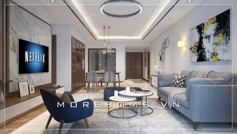 Mẫu thiết kế nội thất chung cư hiện đại với chiếc ghế sofa chữ I bọc vải nhỏ gọn kết hợp bàn trà mặt đá chân sắt nhỏ nhắn mang đến không gian phòng khách tiện nghi cho gia chủ Thiết kế chung cư