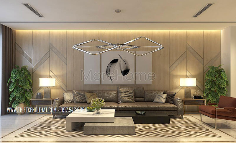 Thiết kế phòng khách hiện đại khi KTS lựa chọn gỗ ốp tường màu sáng nổi bật cả căn phòng Xu hướng trang trí phòng khách sang trọng và tiện nghi