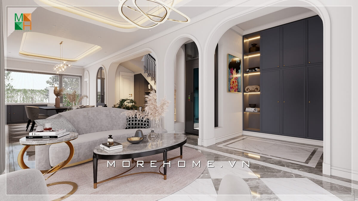Morehome xin giới thiệu với bạn một mẫu phòng khách với nội thất thiết kế ấn tượng, phá cách với những đường nét uốn lượn mềm mại, phù hợp với không gian kiến trúc tân cổ điển Xu hướng trang trí phòng khách sang trọng và tiện nghi