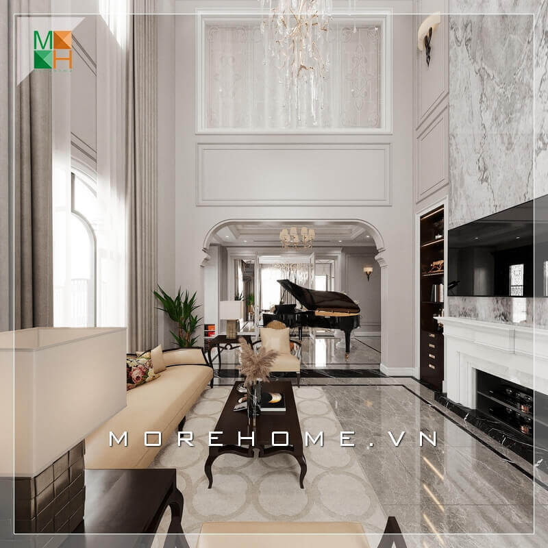 Morehome gợi ý cho bạn mẫu thiết kế nội thất không gian phòng khách tân cổ điển sang trọng, cao cấp cho biệt thự, nhà phố, penthouse , chung cư cao cấp. Xu hướng trang trí phòng khách sang trọng và tiện nghi
