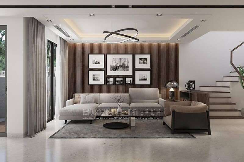 Bố trí phòng khách hiện đại đẹp với cách phối màu ấn tượng. Thiết kế phòng khách tại Hà Nội