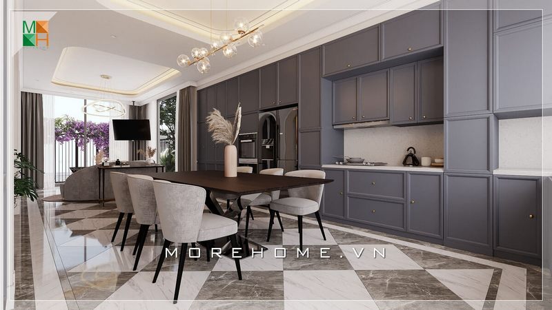 Mẫu thiết kế bàn ghế ăn gồm 6 ghế bọc nỉ chân sắt kết hợp với bàn ăn mặt gỗ, phong cách hiện đại có sự kết hợp giữa tân cổ điển và hiện đại, đặc biệt phù hợp với không gian của các căn hộ, nhà phố, biệt thự.